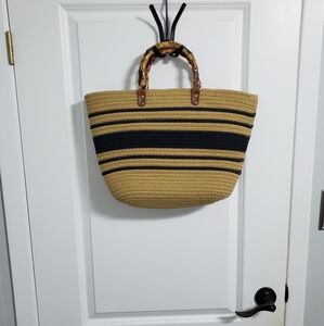 Striped Brown and Black Woven Tote Beach Bag With Faux Wood Handles
